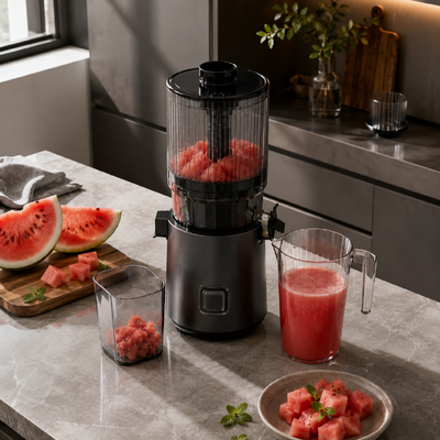 Fresh Smart HJ303 Εξαιρετικά Φαρδύς Αργός Αποχυμωτής Μαστίχας – Η Τέχνη της Παραγωγής Χυμών Έγινε Αβίαστη με Άνοιγμα 155mm, Δοχείο 2400ml, Ψυχρής Πίεσης 200W & Αυτοκαθαριζόμενος